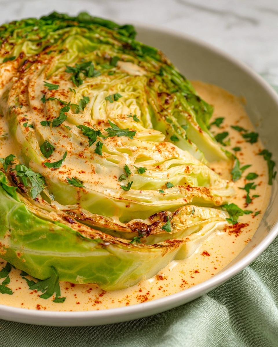 Creamy Garlic Parmesan Cabbage Recipe 4 The image shows layered wedges of bright green cabbage with some edges browned and slightly crispy, placed in a white bowl. The cabbage is covered with a creamy light orange sauce dotted with flecks of red spices and fresh green herbs. The sauce pools around the base of the cabbage, creating a contrast between the smooth creamy texture and the layered, slightly charred cabbage leaves. The white bowl rests on a soft green cloth over a white marbled surface. Photo taken with an iphone --ar 4:5 --v 7