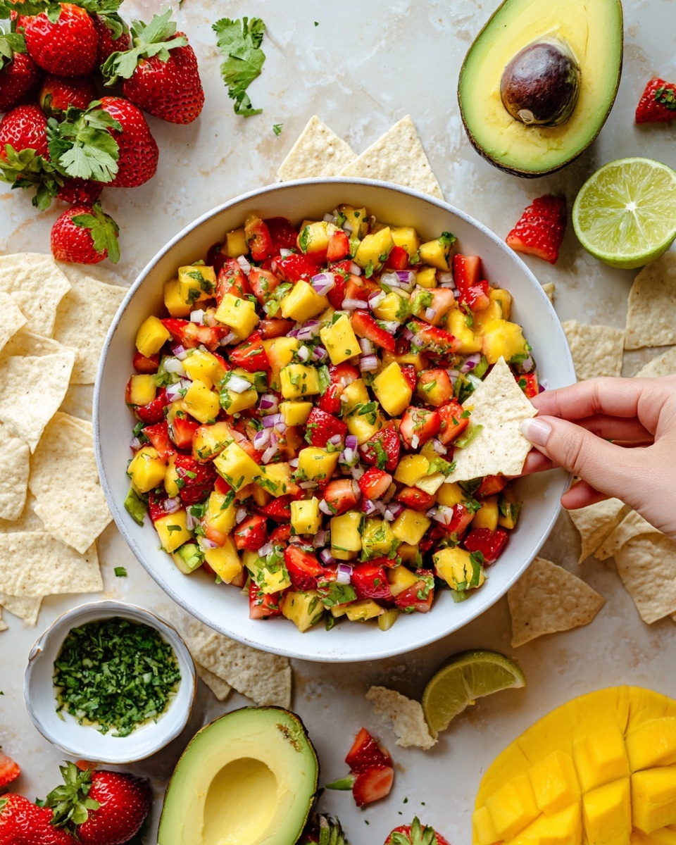 A white bowl is full of a colorful fruit salsa made of small diced yellow mango, red strawberries, light green avocado, finely chopped red onion, and green herbs spread evenly throughout. On the right side, a woman's hand is holding a white chip dipped into the salsa. Around the bowl are whole strawberries, a halved ripe avocado with the seed, a sliced mango showing its yellow chunks, a cut lime half, small chopped green herbs in a small white bowl, and pieces of white chips scattered on a white marbled surface. The bright colors of the fruit mix with the fresh greens, creating a vibrant and fresh look. photo taken with an iphone --ar 4:5 --v 7