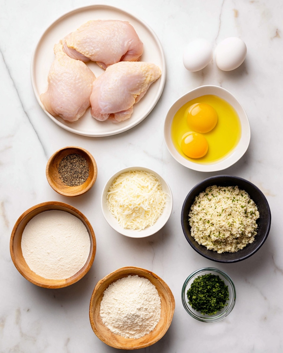 The image shows ingredients arranged neatly on a white marbled surface. On the top left, there are three raw chicken pieces placed on a white plate, pale pink in color with smooth texture. To the right, two whole raw eggs sit in a small white bowl, the bright yellow yolks standing out. Below the chicken, a small wooden bowl holds ground black pepper, dark and finely ground. Next to it, a white bowl is filled with yellow olive oil, smooth and shiny. Near the center, a black bowl contains finely grated white cheese with a soft texture. To the right, a white bowl holds light brown breadcrumbs mixed with green herbs. At the bottom left, a wooden bowl is filled with white flour, soft and powdery. In the bottom center, a small wooden bowl contains coarse white salt, adding texture. A small clear glass bowl with chopped green herbs sits above the salt, with a fresh leafy appearance. Photo taken with an iphone --ar 4:5 --v 7