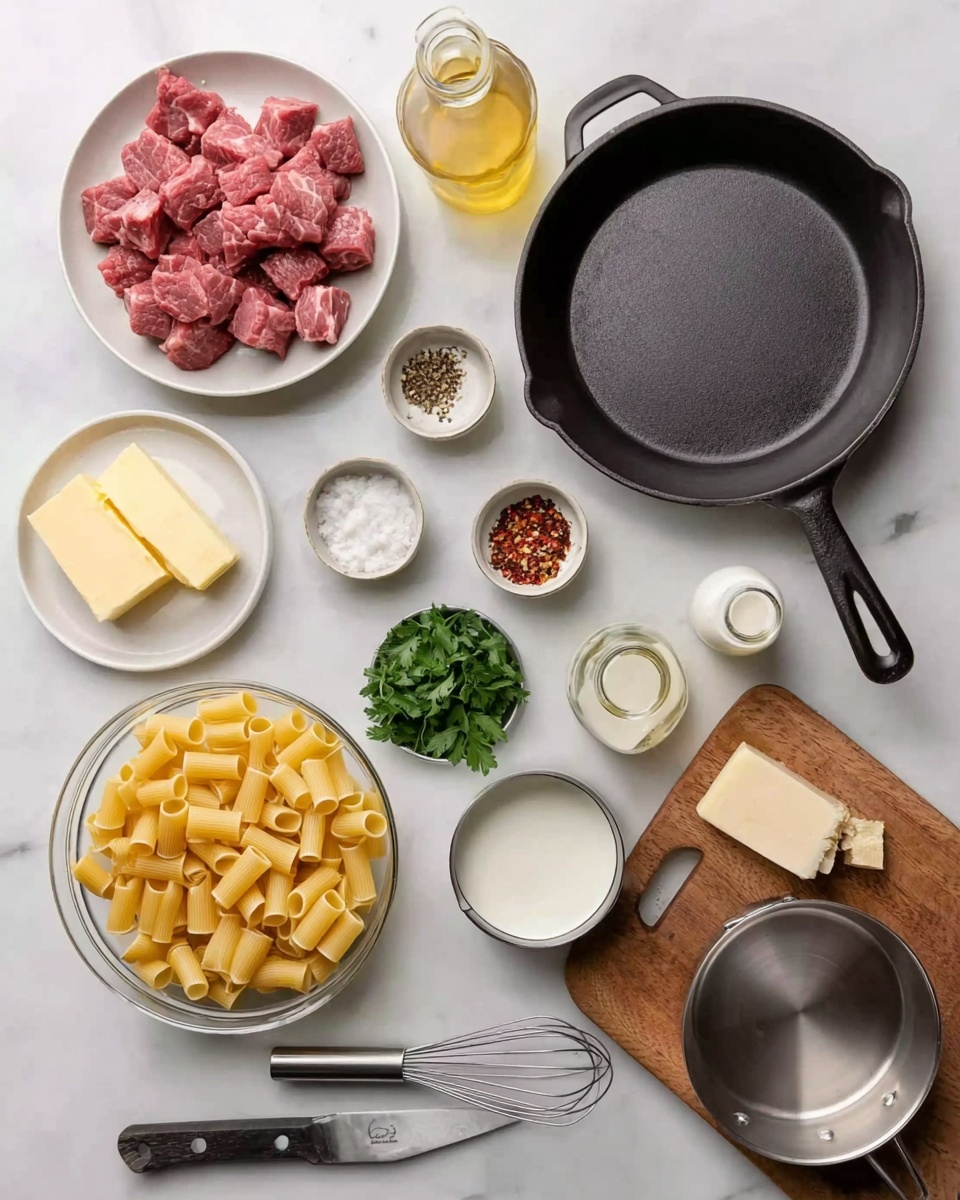 The image shows ingredients and tools for cooking arranged neatly on a white marbled surface. There is a white bowl filled with raw cubed meat placed in the top left section. Below it, a black cast iron skillet is empty and clean. A smaller white bowl with green parsley leaves sits below the skillet. A clear glass bowl filled with rigatoni pasta is near the center of the image. Small white bowls contain spices like red pepper flakes and black pepper near the top. There are also a small plate with a pat of butter, a jar of yellow oil, a small bottle of milk, and a bowl of grated cheese. To the right, a silver saucepan and a metal whisk rest on the surface. In the bottom right corner, a wooden cutting board has a knife with a black handle and metal measuring spoons on it. Photo taken with an iphone --ar 4:5 --v 7