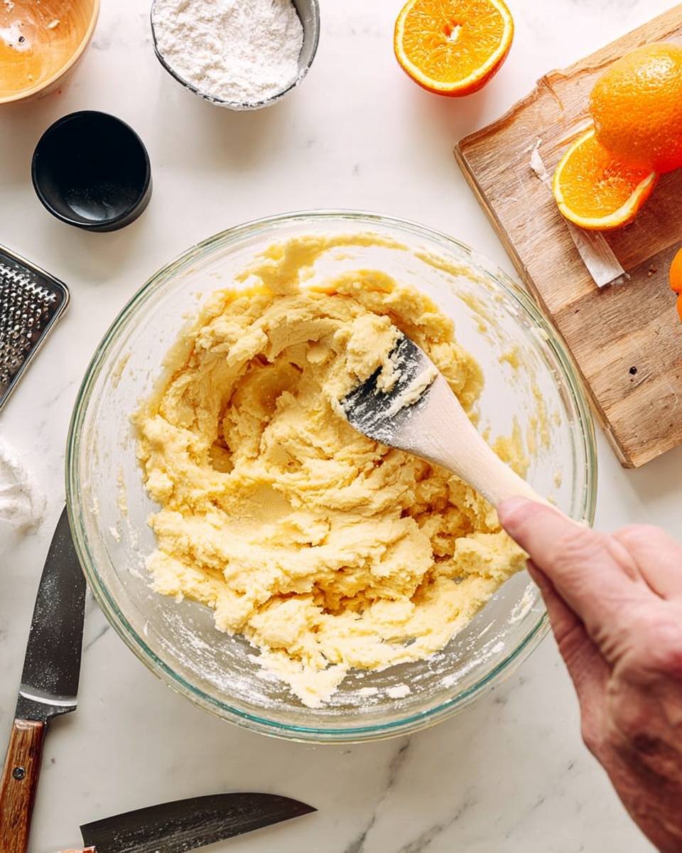 A clear glass mixing bowl filled with soft, light yellow dough sits on a white marbled surface. The dough has a rough, sticky texture, and a wooden spatula with a light brown handle is resting inside the bowl, partially covered by the dough. A woman's hand is holding the side of the bowl steady. Nearby, there is a halved bright orange, a black measuring spoon set, a small black container with white powder, a metal grater, and a large knife with a wooden handle on a white marbled cutting board. Photo taken with an iphone --ar 4:5 --v 7