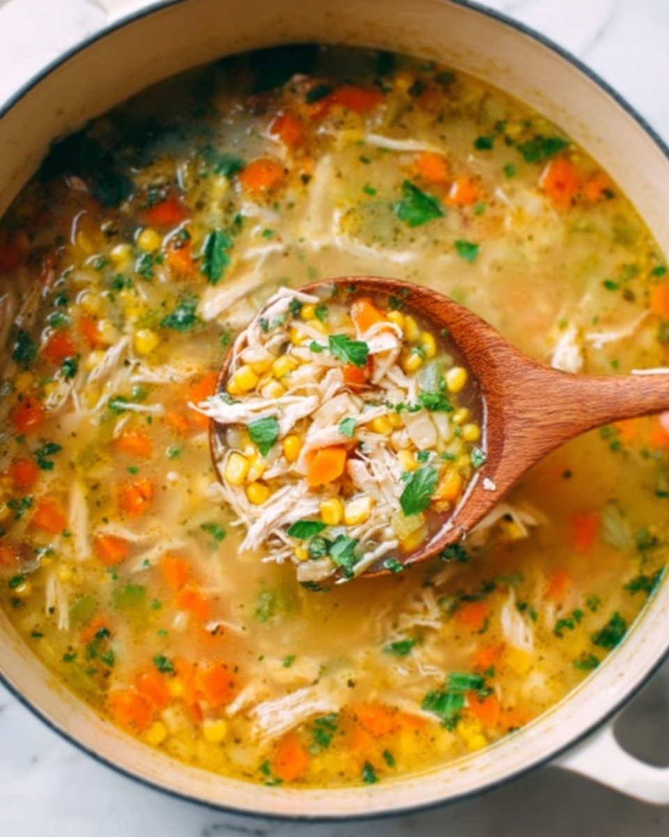 The image shows a close-up of a pot filled with chicken soup. The soup has many layers with small pieces of shredded chicken, orange carrot slices, light yellow corn, and green herbs floating in clear golden broth. A woman's hand holds a wooden spoon dipped into the soup, lifting some ingredients. A white pot sits on a white marbled surface. The colors are bright and fresh, with the warm broth shining softly. photo taken with an iphone --ar 4:5 --v 7