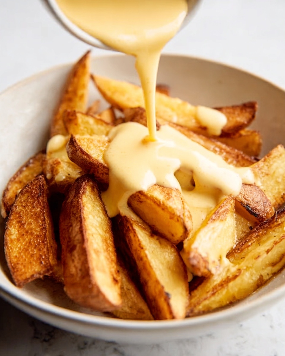 A white bowl filled with golden brown potato wedges arranged in a rough pile, with creamy pale yellow sauce being poured over the top from above. The potato wedges have a crispy texture and some darker browned edges. The background and surface is a white marbled texture, keeping focus on the warm, soft colors of the potatoes and sauce. photo taken with an iphone --ar 4:5 --v 7