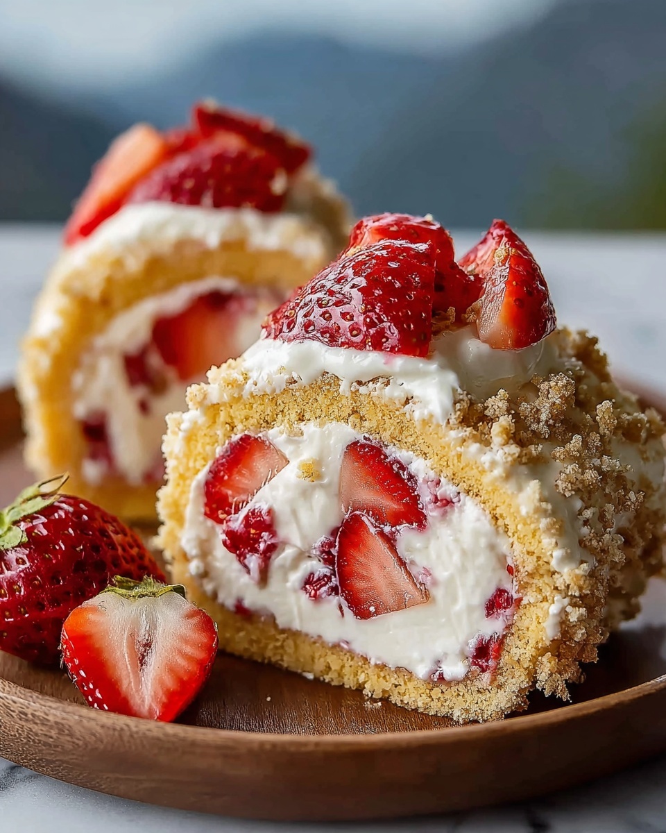 This image shows two thick strawberry cream rolls on a brown plate set on a white marbled surface. Each roll has a light golden sponge cake base rolled with a creamy white filling mixed with whole and sliced bright red strawberries. The outside of the roll is coated with small light brown crumbs and topped with halved shiny red strawberries. There are extra fresh strawberries beside the rolls on the plate. The background is softly blurred showing a cool blue and white gradient. Photo taken with an iphone --ar 4:5 --v 7
