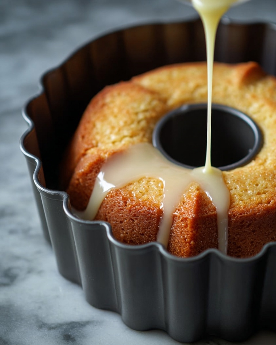 A golden brown cake with a slightly rough texture rests inside a dark gray bundt pan with fluted edges. A thick, light creamy liquid slowly pours over the top, spreading down the cake’s round surface towards the center hole, adding a glossy layer that contrasts with the matte cake. The background is a white marbled texture. photo taken with an iphone --ar 4:5 --v 7