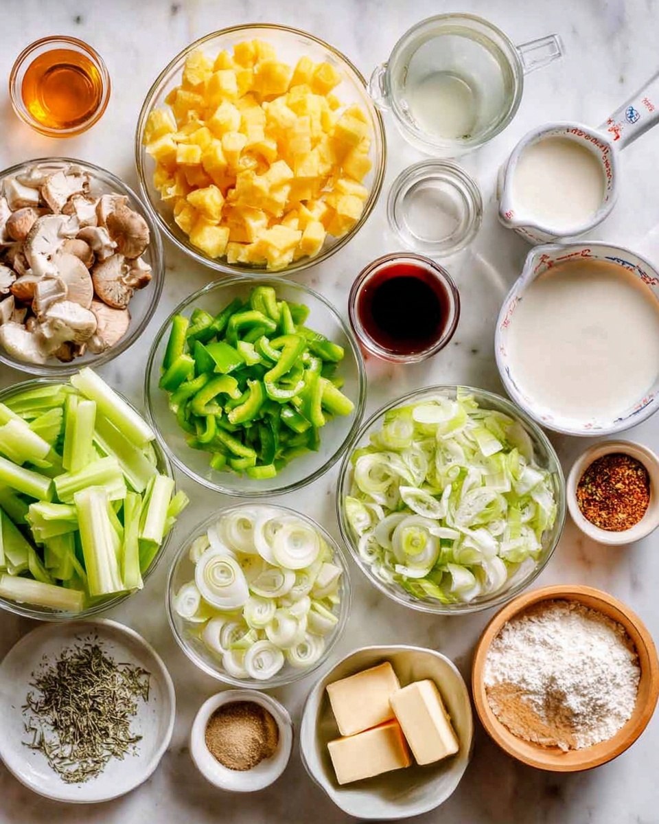 The image shows several clear bowls filled with different chopped ingredients arranged on a white marbled surface. Starting from the top left, there is a bowl full of yellow cubed pieces, next to a small glass with amber liquid, and a measuring cup with water. To the right, there is a larger measuring cup filled with white liquid and a small cup with dark red liquid beside it. Below the yellow cubes, a bowl contains chopped green bell peppers, next to a bowl of finely chopped white onions. In the center, there are sliced celery stalks and around it, slices of leeks in light green and white colors. A small bowl with dried herbs is placed near the center, and a small bowl containing chopped mushrooms or nuts is also visible. At the bottom left, a small white plate holds sliced butter, and to the right, a wooden bowl contains white flour. There are also two small dishes with various spices near the top right. Everything is neatly arranged, showing a variety of fresh ingredients prepared for cooking. Photo taken with an iphone --ar 4:5 --v 7