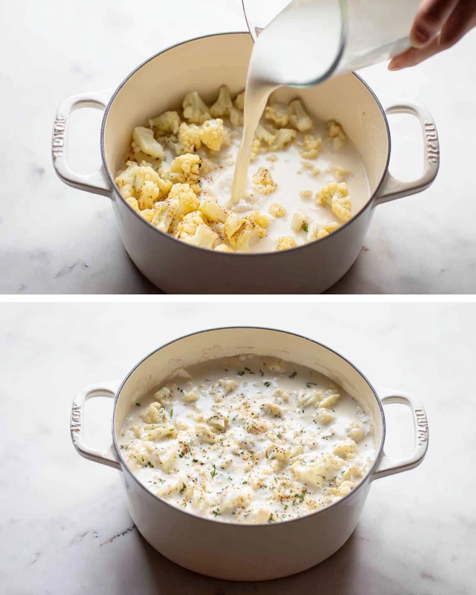 The image shows two white pots on a white marbled surface. In the first pot, a woman's hand is pouring a smooth white creamy liquid over a mix of small yellow and beige vegetable pieces scattered in the pot. The white liquid is thin and fills the pot halfway. The second pot shows the same mixture after stirring, now a thick creamy white sauce with visible chunks of small cauliflower pieces, herbs, and spices evenly spread throughout. The texture looks rich and slightly lumpy with flecks of green herbs. photo taken with an iphone --ar 4:5 --v 7