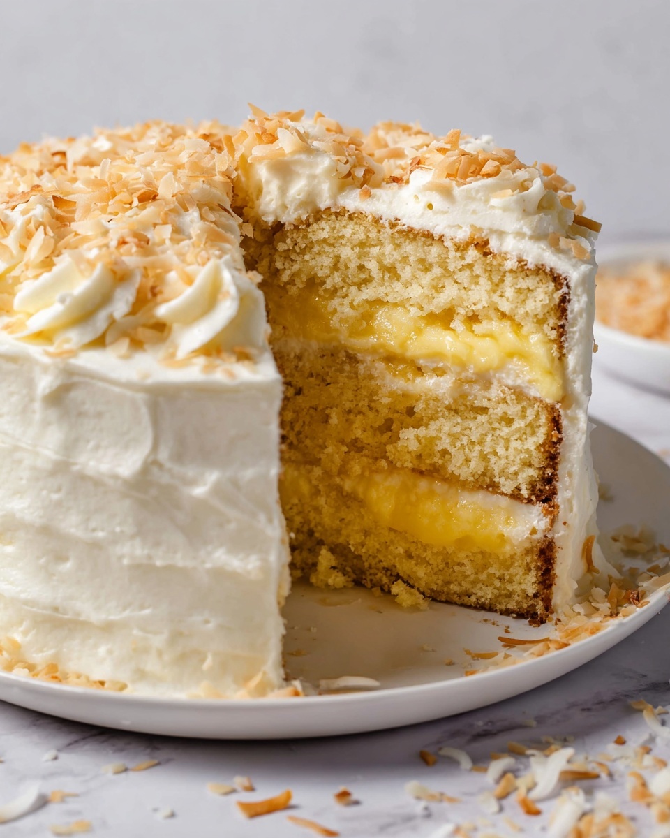 A three-layer round cake is shown with two thick layers of yellow filling in between light tan cake layers, all covered with smooth white frosting on top and around the sides. The top is sprinkled with toasted light brown flakes. The cake is on a white plate placed on a white marbled surface. Some crumbs and toasted flakes are scattered around the plate. A slice is removed, showing the texture and filling clearly. Photo taken with an iphone --ar 4:5 --v 7