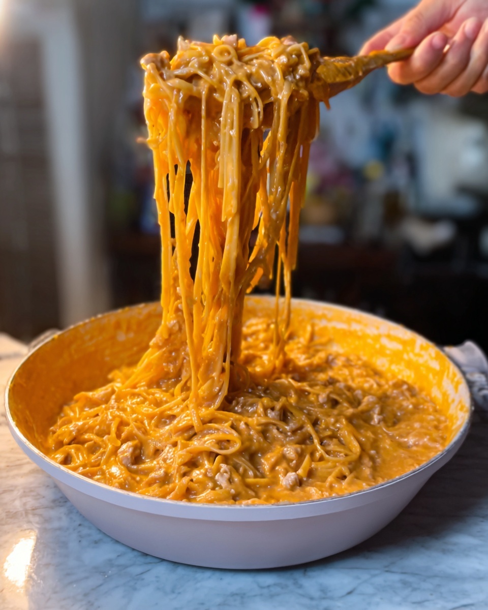 A white pan filled with a thick orange sauce mixed with small bits of chicken. Noodles coated in the sauce are being lifted up by a woman's hand, stretching long strands from the pan. The sauce looks smooth but chunky, covering the noodles fully. The scene is set on a white marbled surface with a blurred kitchen background. The lighting shows a warm and cozy atmosphere. Photo taken with an iphone --ar 4:5 --v 7