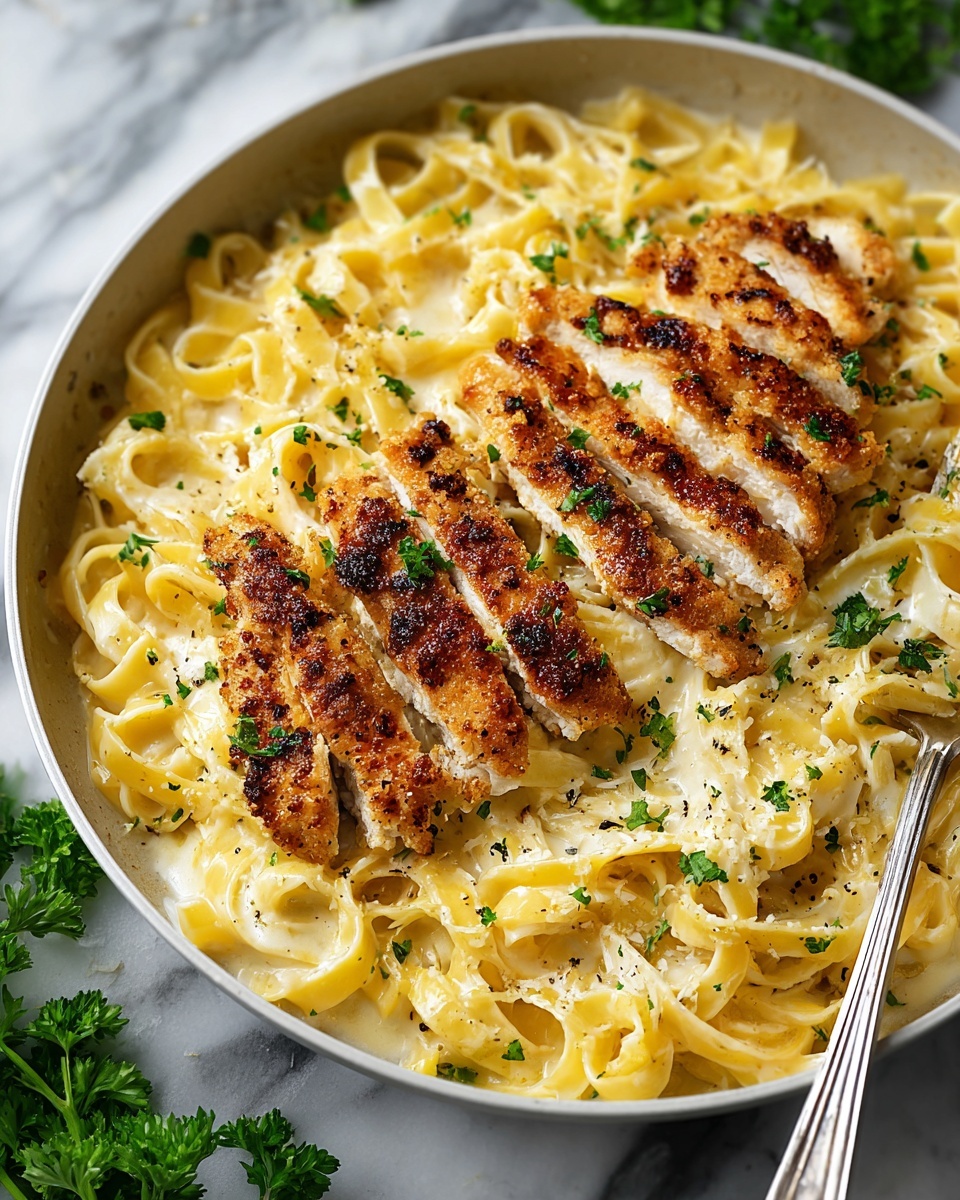 A close-up view of a white pan filled with creamy fettuccine pasta as the base layer, light yellow in color with a smooth and slightly shiny texture. On top, there are several slices of golden-brown crispy chicken arranged in a neat row across the pasta. The chicken has a crunchy texture with some charred spots and a light sprinkle of black pepper and green parsley scattered on both the pasta and chicken. A silver fork is placed at the top right side of the pan, resting among the pasta strands. The background features a white marbled surface with some fresh parsley branches on the left side. Photo taken with an iphone --ar 4:5 --v 7