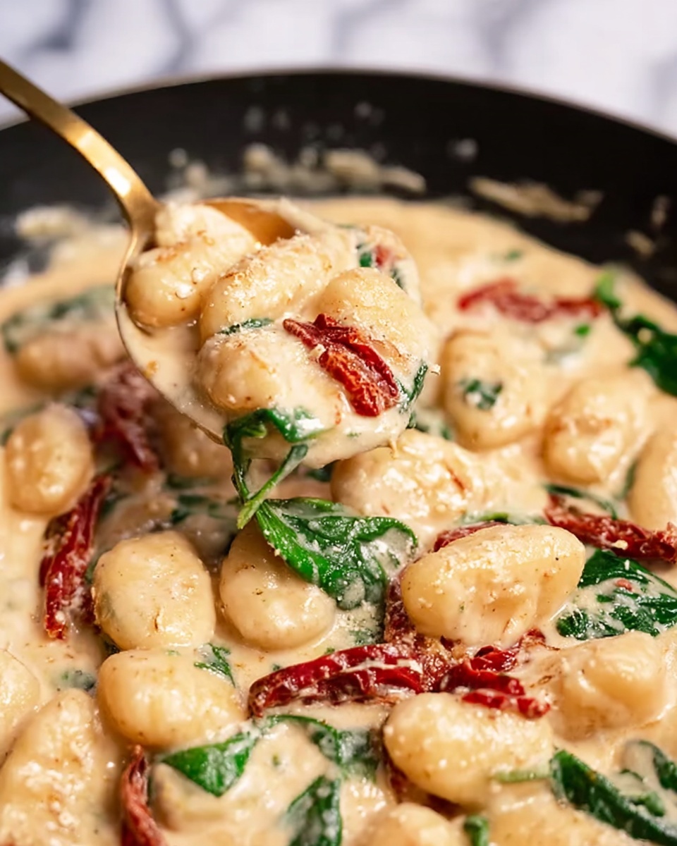 This image shows a close-up of a creamy gnocchi dish in a black pan, filled with soft, plump gnocchi pieces covered in thick, light beige sauce. Mixed throughout are slices of red sun-dried tomatoes and fresh green spinach leaves, adding color contrast. A golden spoon lifts a small portion of the gnocchi, sauce, a spinach leaf, and a tomato slice from the pan. The sauce looks smooth and rich, coating all the pieces evenly. The background is a white marbled texture. Photo taken with an iphone --ar 4:5 --v 7