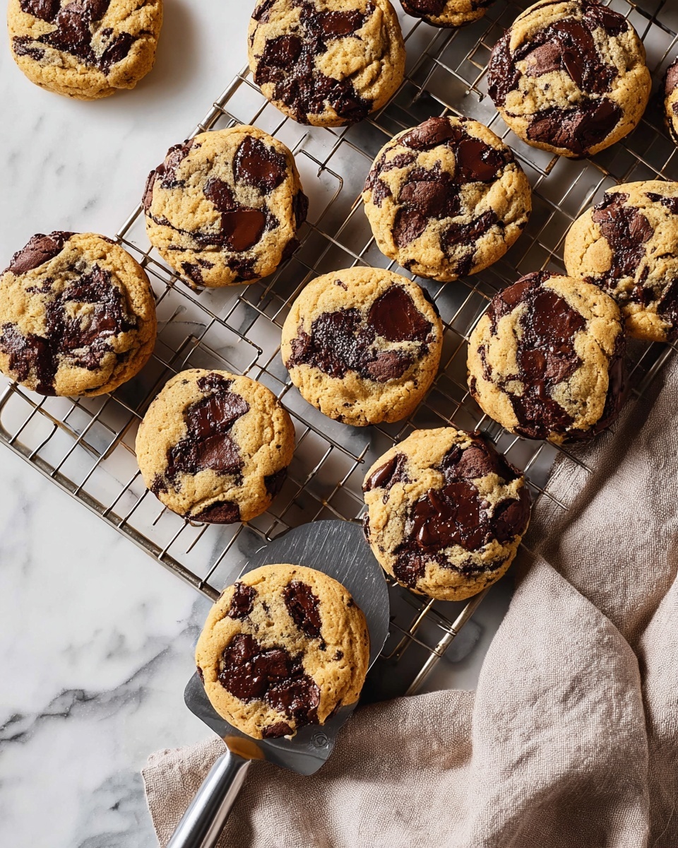 The image shows a cooling rack filled with round cookies that have a light golden-brown base mixed with large, uneven patches of dark melted chocolate embedded throughout each cookie. The cookies are thick, soft-looking, and slightly textured, showing some cracks around the chocolate pieces. The cooling rack is placed on a white marbled surface, and a metal spatula is lifting one cookie from the rack on the lower right side. A soft beige cloth is casually placed next to the rack on the marble surface. Photo taken with an iphone --ar 4:5 --v 7