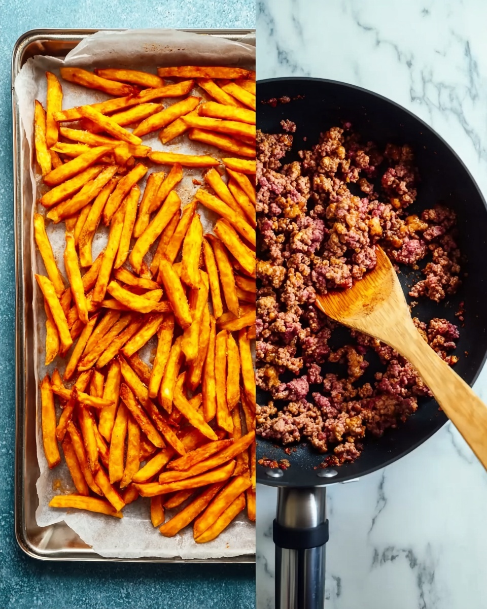 The image is split into two side-by-side scenes. On the left, there is a silver metal baking tray lined with parchment paper, with many golden orange fries spread out evenly across it. On the right, there is a black frying pan containing small chunks of browned, cooked ground meat with a wooden spoon stirring it. The background in both images is a white marbled texture. Photo taken with an iphone --ar 4:5 --v 7