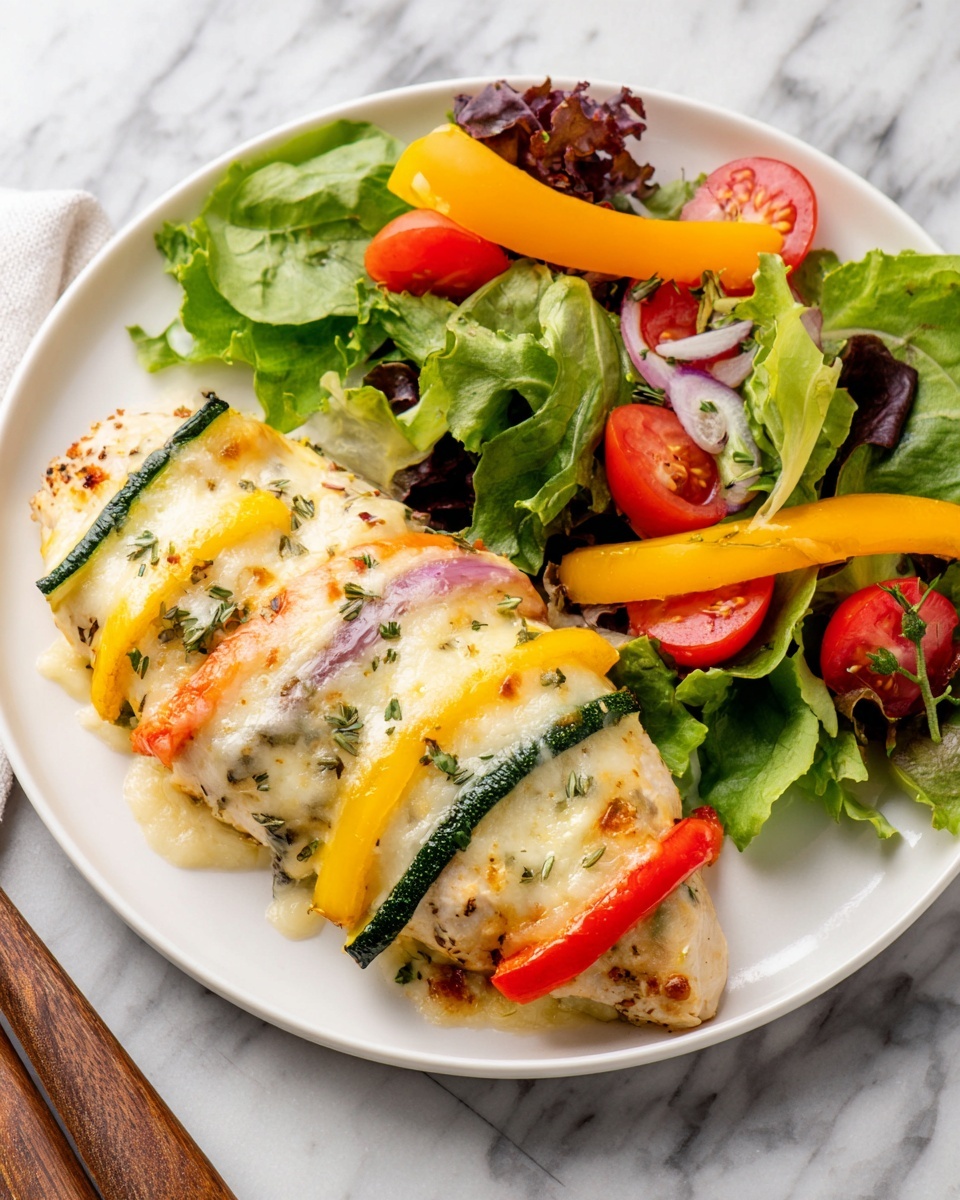 A white plate sits on a white marbled surface holding a serving of creamy baked chicken topped with three strips of roasted vegetables arranged in parallel lines from top to bottom: green zucchini, yellow bell pepper, and red bell pepper, each peeking through melted, lightly browned cheese with herbs sprinkled on top. Next to the chicken is a fresh salad of mixed green leaves, halved red and yellow cherry tomatoes, and slices of orange bell pepper, all vibrant and crisp. Photo taken with an iphone --ar 4:5 --v 7