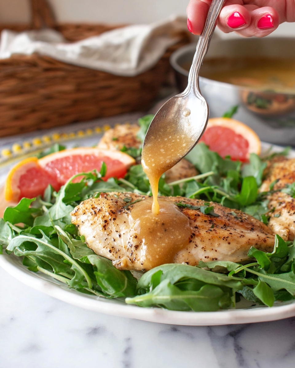 A white plate holds a cooked chicken piece seasoned with black pepper, with a shiny light brown sauce being poured over it from a silver spoon held by a woman's hand with red painted nails. Around the chicken are fresh green arugula leaves and small slices of pink grapefruit. The plate sits on a white marbled surface, with a wicker basket and a silver pan blurred in the background. photo taken with an iphone --ar 4:5 --v 7