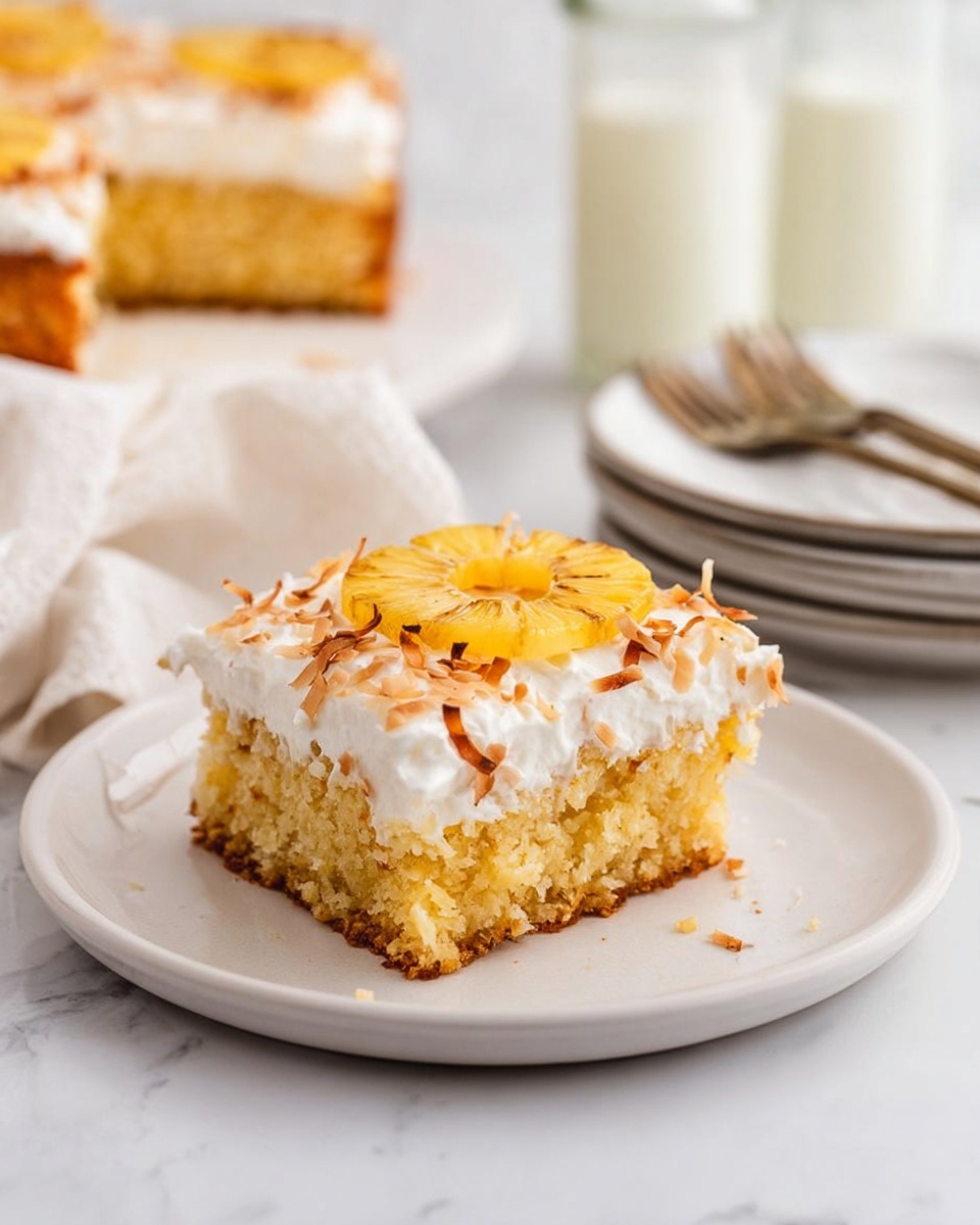 The image shows a square slice of yellowish, moist pineapple cake with a rough textured base. On top of the cake is a thick white cream layer that looks smooth and soft. The cream is sprinkled with small toasted coconut flakes giving it a light brown reddish color and a crispy texture. A dry pineapple ring, yellow with some brown edges, is placed on the upper center of the slice. The slice is part of a larger cake on a round white plate on a white marbled surface. In the background, there are stacked white plates with three forks on top and two glass jars with light cream liquid inside. A woman’s hand with fingers visible lightly touches the edge of the cake. Photo taken with an iphone --ar 4:5 --v 7