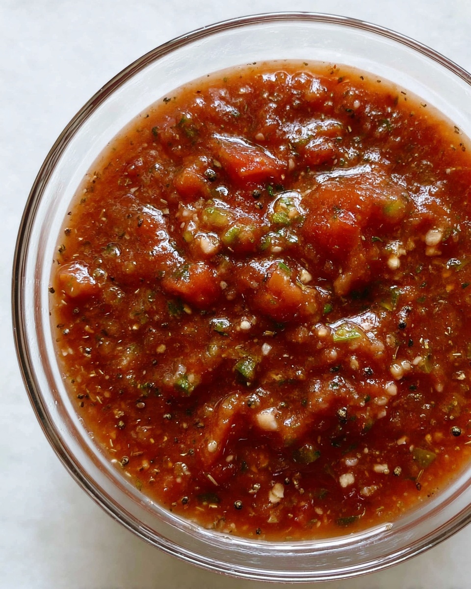 A clear glass bowl filled with one layer of chunky reddish-brown salsa that has visible pieces of tomatoes, herbs, and small bits of green peppers mixed throughout, resting on a white marbled texture surface. The salsa shows a shiny, moist texture with some specks of black seasoning spread evenly. photo taken with an iphone --ar 4:5 --v 7