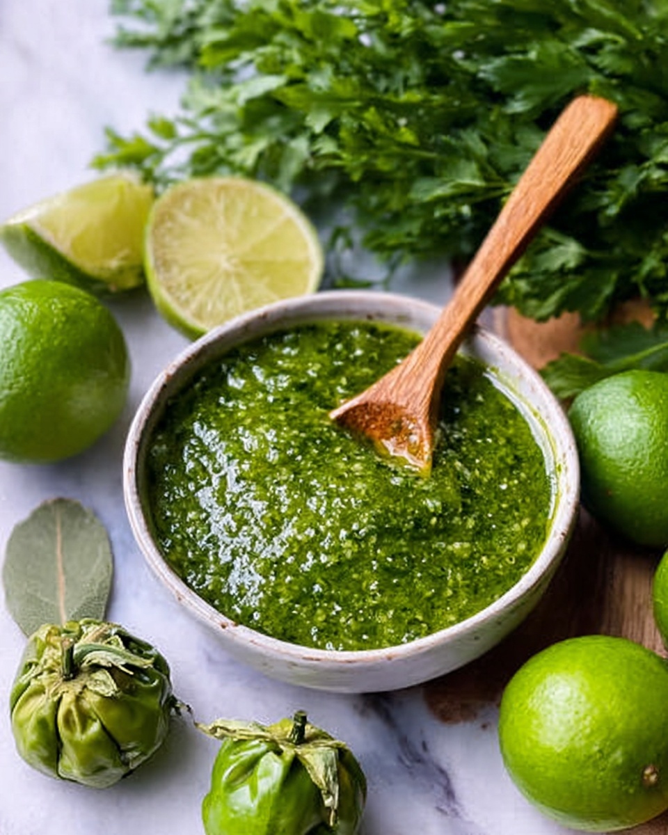 The image shows a small white bowl filled with a thick, green sauce with a bit of texture, possibly made from herbs and lime. A wooden spoon is dipped into the sauce, resting inside the bowl. Around the bowl, there are fresh green limes, some whole and some partially wrapped in their green husks, sitting on a white marbled surface. In the background, there is a bunch of fresh green herbs, adding to the fresh and natural feel of the scene. The colors are bright, with green shades standing out against the white and wooden tones. photo taken with an iphone --ar 4:5 --v 7