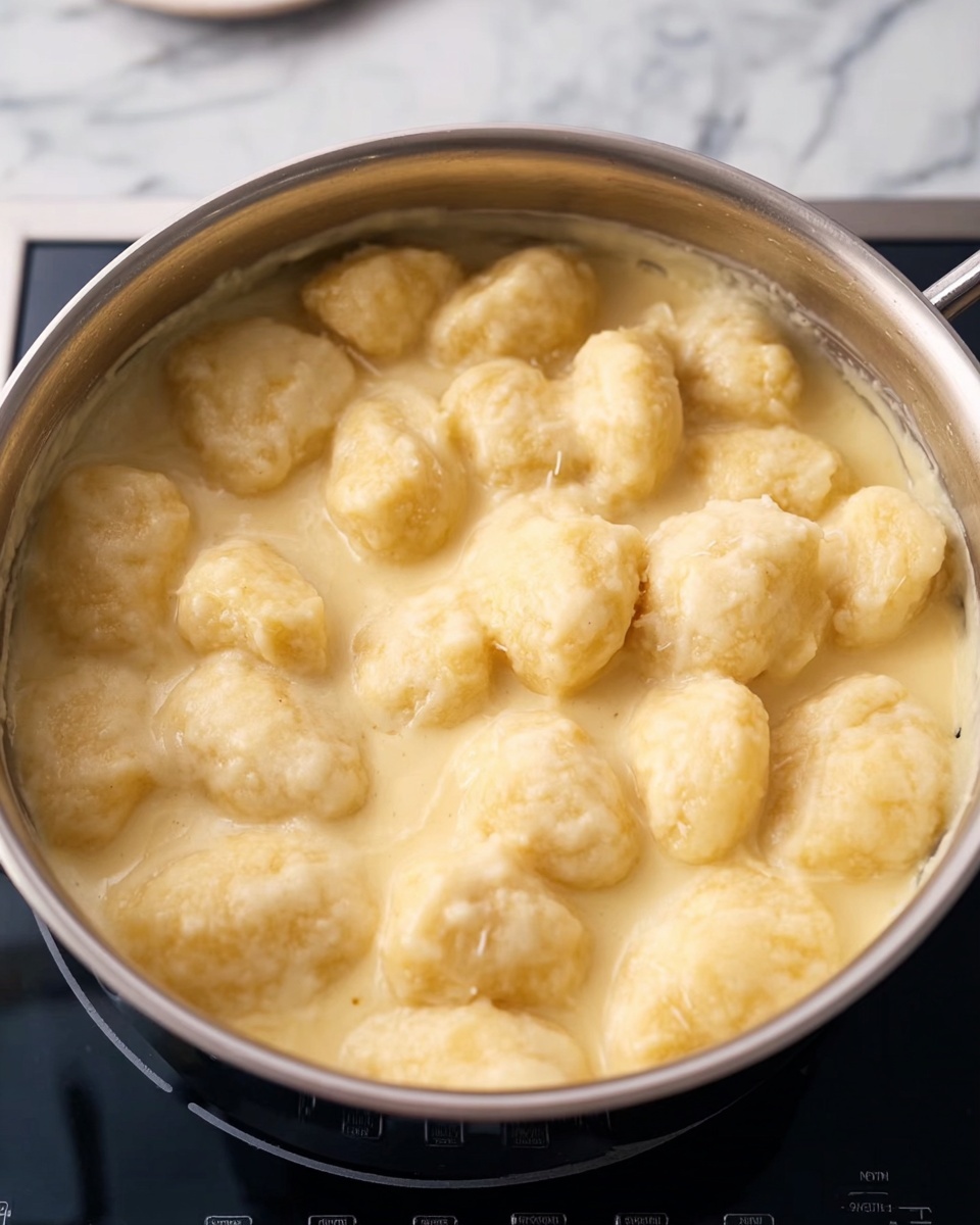 The image shows a pot filled with soft, chunky dumplings that are pale yellow in color and have a slightly uneven, fluffy texture, floating closely together in a thick, creamy sauce with a smooth surface. The pot is made of stainless steel and is placed on a black cooking stove with visible controls and a white marbled background beneath. Some dumplings show slight stringy parts of melted cheese connecting them. The light reflects softly on the shiny metal edges of the pot, making the dish look warm and creamy. Photo taken with an iphone --ar 4:5 --v 7