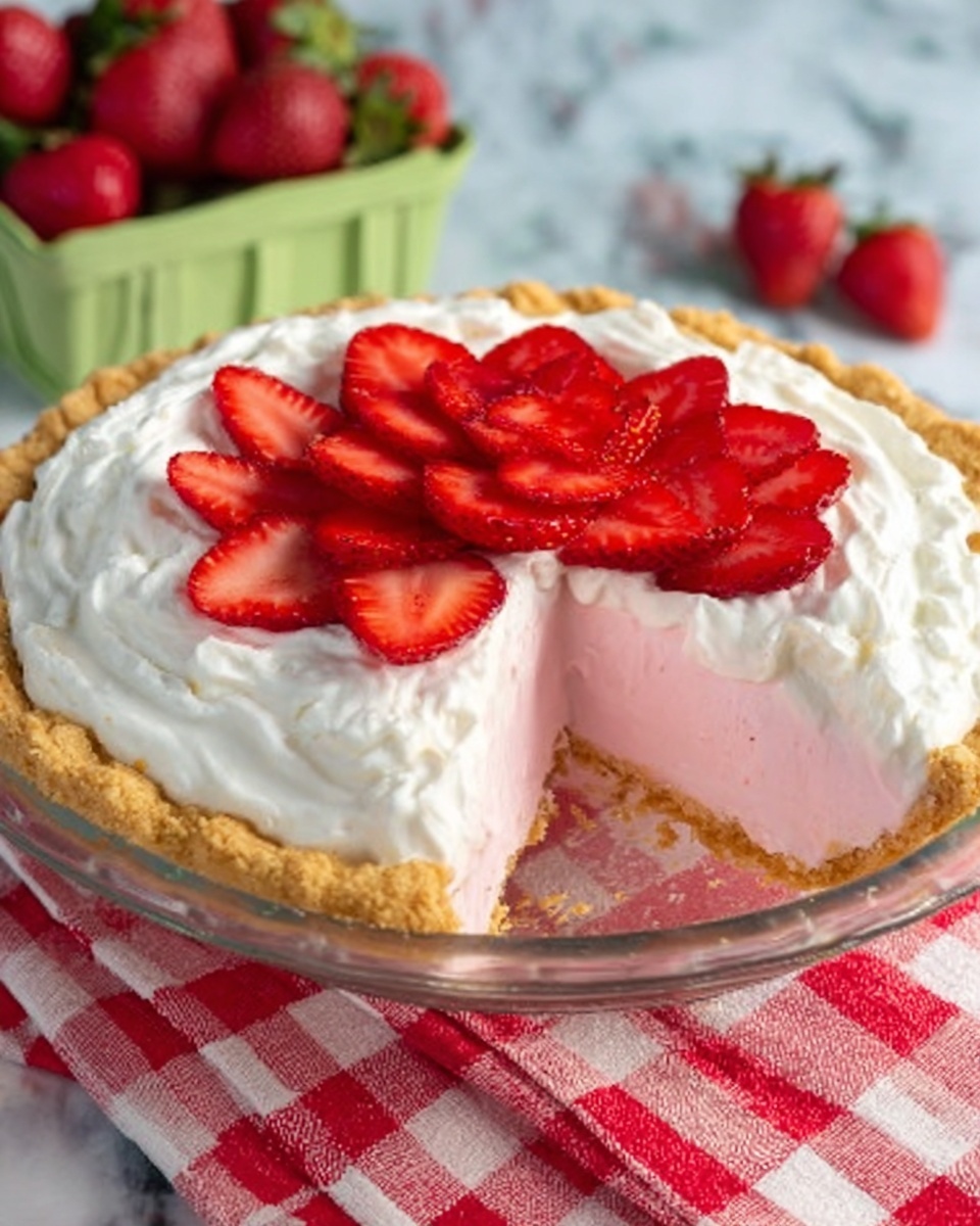 A white pie crust holds two thick layers of creamy fillings: the bottom layer is a smooth light pink, and the top layer is fluffy white cream. On the very top, there are fresh bright red strawberry slices arranged like flower petals in a circular pattern. The pie is placed on a clear glass stand on a red checkered cloth, with a white marbled surface underneath. In the background, there is a green basket filled with whole strawberries. Photo taken with an iphone --ar 4:5 --v 7