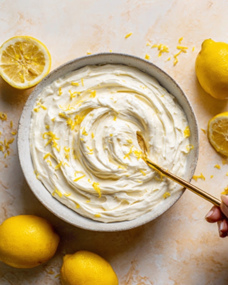 A white round bowl filled with smooth, creamy white lemon frosting, swirled gently across the surface with small bits of yellow lemon zest sprinkled on top. The bowl sits on a white marbled texture background with whole yellow lemons and half a lemon around it. A golden spoon rests inside the bowl with its handle pointing out. A woman's hand is about to hold the spoon. Photo taken with an iphone --ar 4:5 --v 7