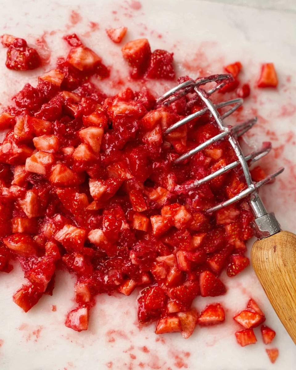 The image shows small, soft pieces of red strawberries spread evenly on a white marbled surface. The strawberries are partly mashed, with some chunks still visible, giving a mix of smooth and textured look. A metal potato masher with a wooden handle lies next to the strawberries, its metal wires slightly stained with the red juice. The scene looks fresh and vibrant with the shiny strawberry juice glistening in the light. Photo taken with an iphone --ar 4:5 --v 7