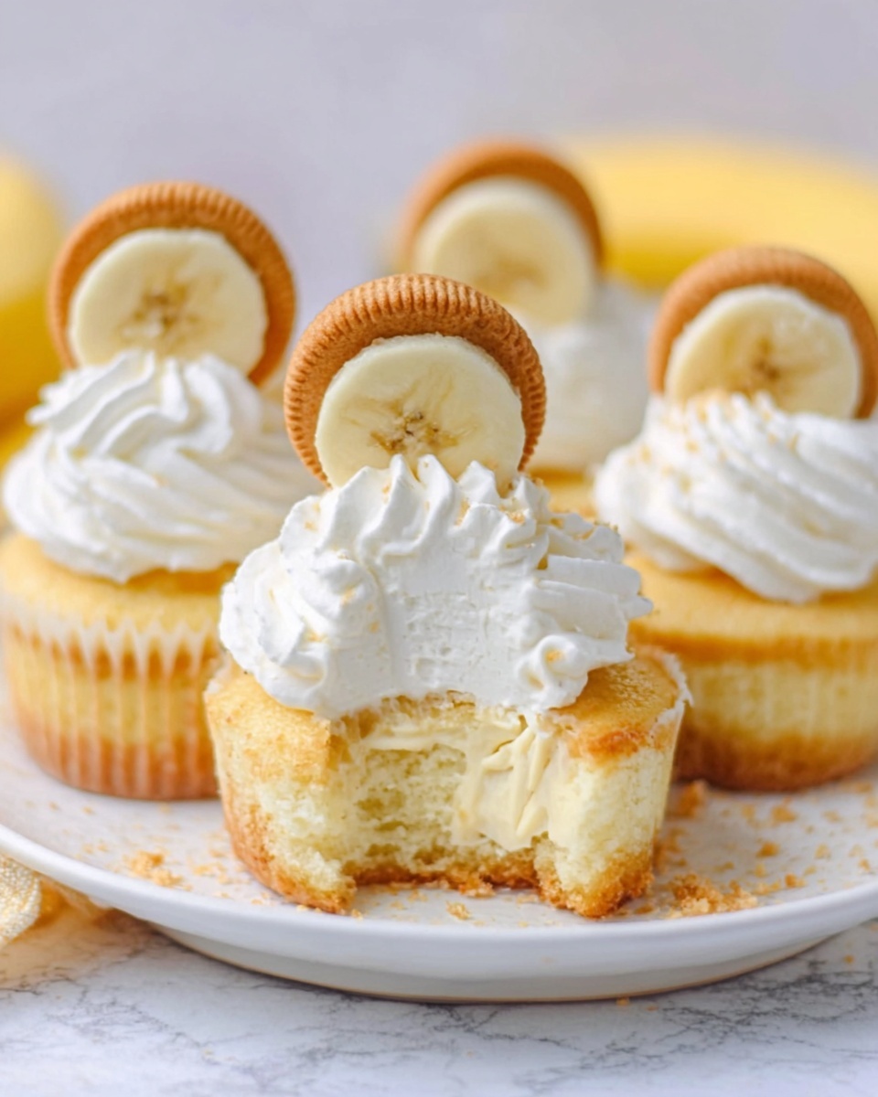 The image shows four small cupcakes on a white plate with a white marbled surface. Each cupcake has a golden-yellow base with a light yellow creamy layer on top. On the cream, there is a big swirl of white whipped cream. Each cupcake is decorated with a whole round golden-brown cookie placed upright behind a slice of pale yellow banana on top of the whipped cream. One cupcake in front is bitten to show its soft inside. The colors are soft and warm with white and pale yellow shades dominating. photo taken with an iphone --ar 4:5 --v 7