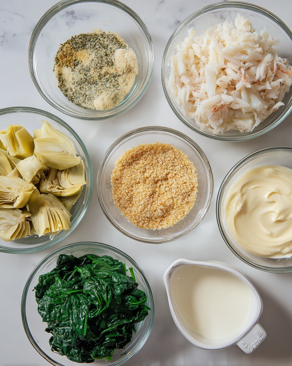 The image shows six clear glass bowls arranged in a circle on a white marbled surface. Starting from the top left and moving clockwise, the first bowl contains chopped artichokes with a pale yellow-green color and soft texture. The next bowl holds a white and light brown blend of dry seasoning with some green flecks. The bowl on the top right is filled with shredded white crab meat, looking moist and flaky. At the bottom right, a white measuring cup is filled with smooth, creamy mayonnaise. Below it, a bowl of bright green cooked spinach sits with a soft, wilted texture. In the center sits a bowl of light tan breadcrumbs with an even texture. Photo taken with an iphone --ar 4:5 --v 7