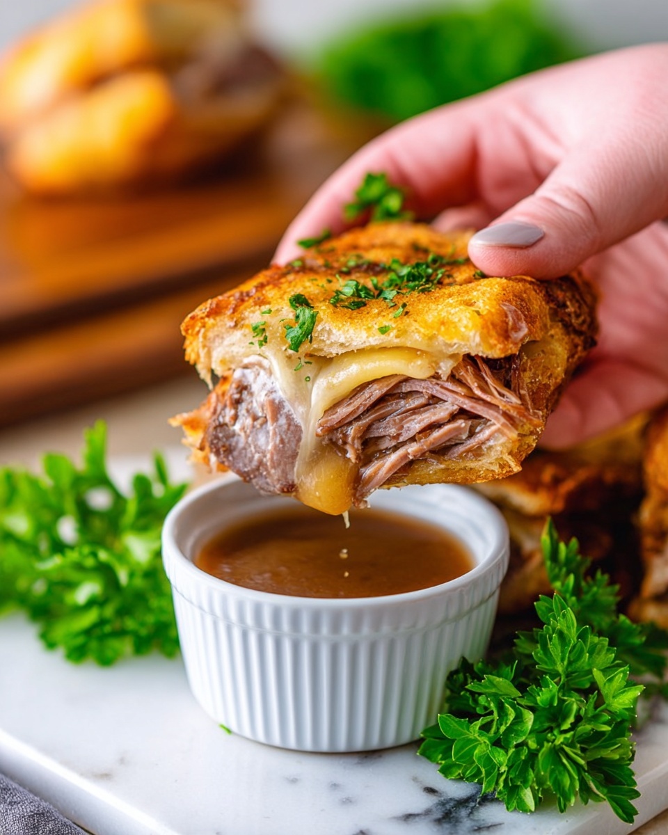 A woman's hand is holding a golden brown sandwich wedge filled with layers of thin, tender meat and melted cheese. The sandwich is being dipped into a small white bowl of rich brown dipping sauce. The background shows fresh green parsley on a white marbled surface, with a wooden table underneath and another sandwich piece blurred in the distance. The scene is bright and colorful, focusing on the texture of the crispy sandwich crust and the juicy meat inside. Photo taken with an iphone --ar 4:5 --v 7