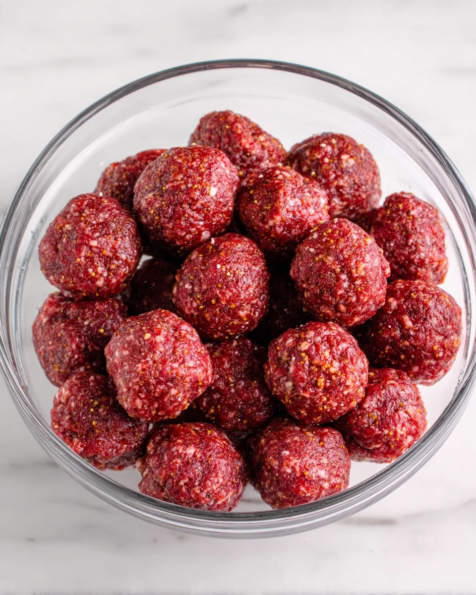 A clear glass bowl filled with about 25 round raw meatballs, each meatball having a rough texture with visible small bits of seasoning and spices throughout. The meatballs have a deep red color, and they are packed closely together inside the bowl. The bowl is placed on a white marbled surface. photo taken with an iphone --ar 4:5 --v 7