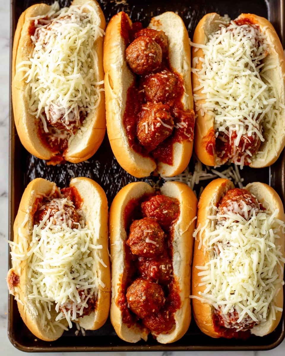 There are eight meatball sandwiches arranged closely on a dark baking tray. Each sandwich has a soft light brown bun that is split open, holding three medium meatballs in a rich red tomato sauce. Four of the sandwiches on the right side are topped with a thick layer of shredded white cheese covering the meatballs and sauce, while the other four on the left side have the meatballs and sauce without cheese. The texture of the buns looks soft but slightly firm on the edges. The baking tray has a textured surface and is placed on a white marbled textured background. photo taken with an iphone --ar 4:5 --v 7