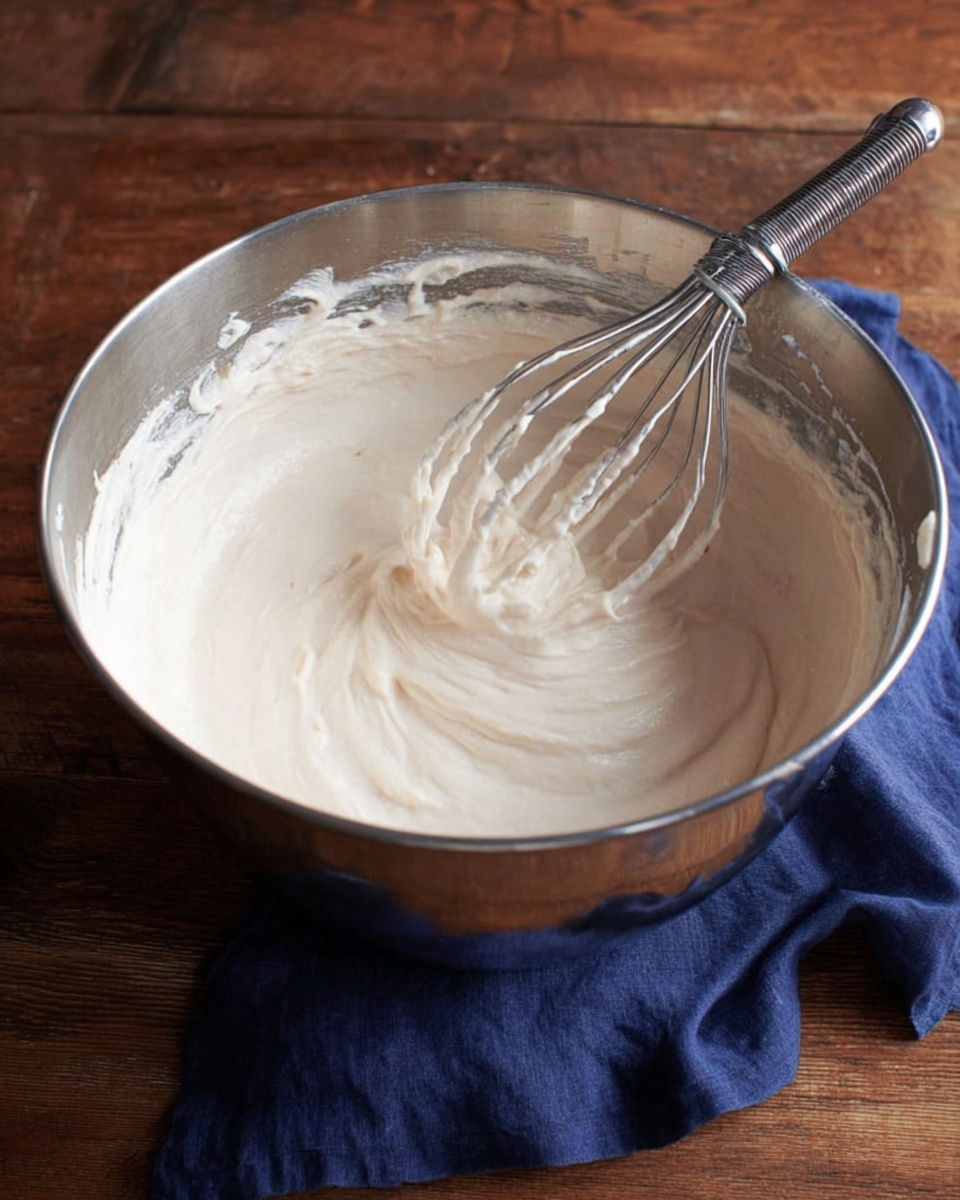A large silver metal bowl filled with thick, smooth, light cream-colored batter. Inside the bowl is a metal whisk attachment covered in the batter, positioned slightly off-center. The bowl is placed on a wooden surface with a dark blue cloth partially tucked underneath it. The batter has a light, fluffy texture with some soft peaks and folds visible. photo taken with an iphone --ar 4:5 --v 7