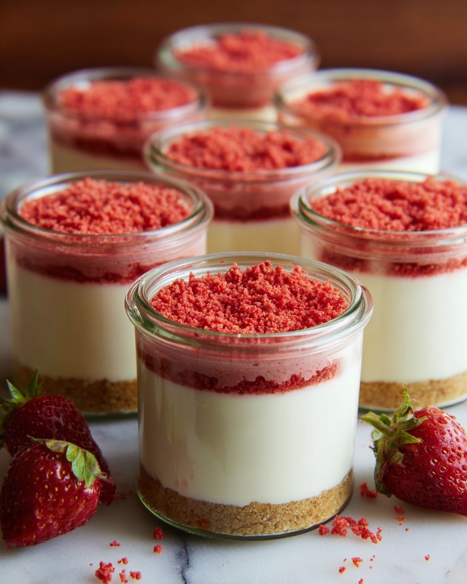 There are several small clear glass jars filled with a dessert that has three layers. The bottom layer is a crumbly, light brown base standing at one-fifth of the jar's height. Above it is a thick, creamy white layer, making up most of the jar's height with a smooth texture. The top layer is a thin sprinkle of crushed red topping covering the white layer evenly. Around the jars, there are some small red strawberries with green stems, placed on a surface of white marbled texture. The photo is taken with an iphone --ar 4:5 --v 7