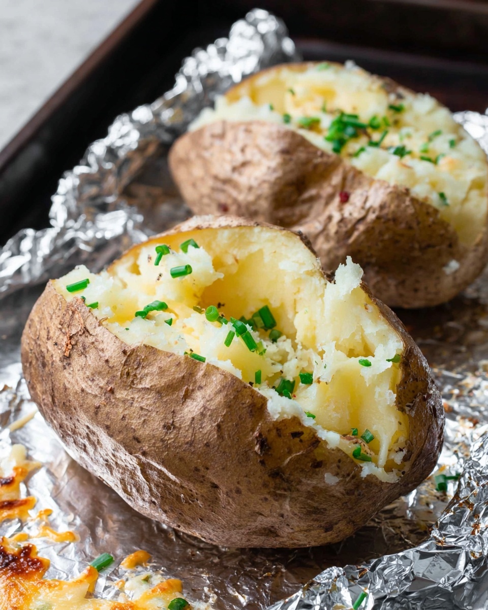 The image shows two baked potatoes with rough brown skin, each cut open in the middle to reveal soft, fluffy, yellowish-white potato inside. Small bright green chopped chives are sprinkled on the soft inside layer of the potatoes. The potatoes are placed on crumpled aluminum foil, which is on a dark tray with some melted and browned cheese spots around. The background is a white marbled texture. photo taken with an iphone --ar 4:5 --v 7