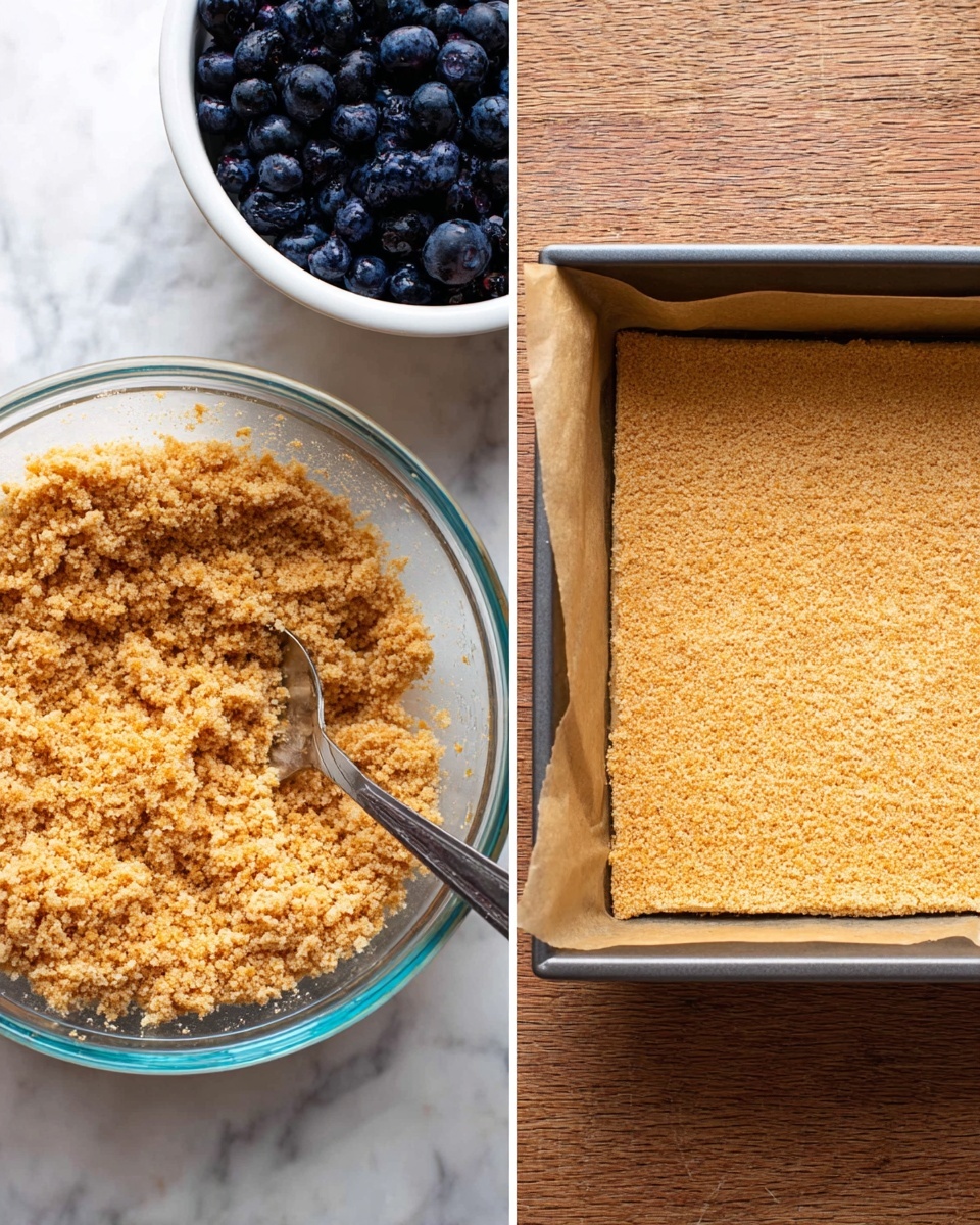 The image shows two side-by-side photos. On the left, there is a clear glass bowl filled with a crumbly golden mixture that looks like crushed biscuits or graham cracker crumbs. A metal spoon is partially buried in the crumbs, giving texture to the mix. Behind the bowl, there is a white bowl filled with dark blue blueberries. On the right, the same crumbly golden mixture is pressed evenly into a square pan lined with parchment paper, creating a flat, smooth base layer. Both images are set on a white marbled texture surface. photo taken with an iphone --ar 4:5 --v 7