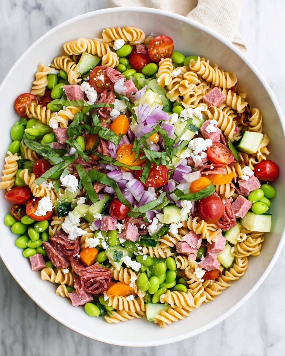 A white bowl filled with a colorful pasta salad showing a base layer of light brown rotini pasta spirals, topped with bright green edamame beans, juicy red halved cherry tomatoes, small cubes of pink salami, bright orange bell pepper pieces, thin slices of purple onion, and small pieces of light green cucumber. Small dollops of white crumbled cheese and thin strips of dark green basil leaves are scattered on top, all placed on a white marbled surface. Photo taken with an iphone --ar 4:5 --v 7