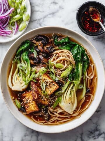 Vegan Mushroom Broth Ramen with Tofu and Vegetables Recipe