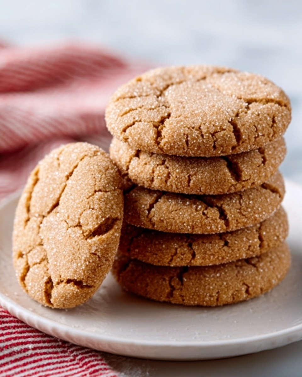 A stack of six light brown, round cookies with a rough, slightly cracked surface sits on a white plate. The front cookie is tilted to show its textured inside, which looks soft and crumbly. The cookies have a sugar coating that sparkles subtly. The plate rests on a white marbled surface with a red and white striped cloth partially visible on the left. Photo taken with an iphone --ar 4:5 --v 7