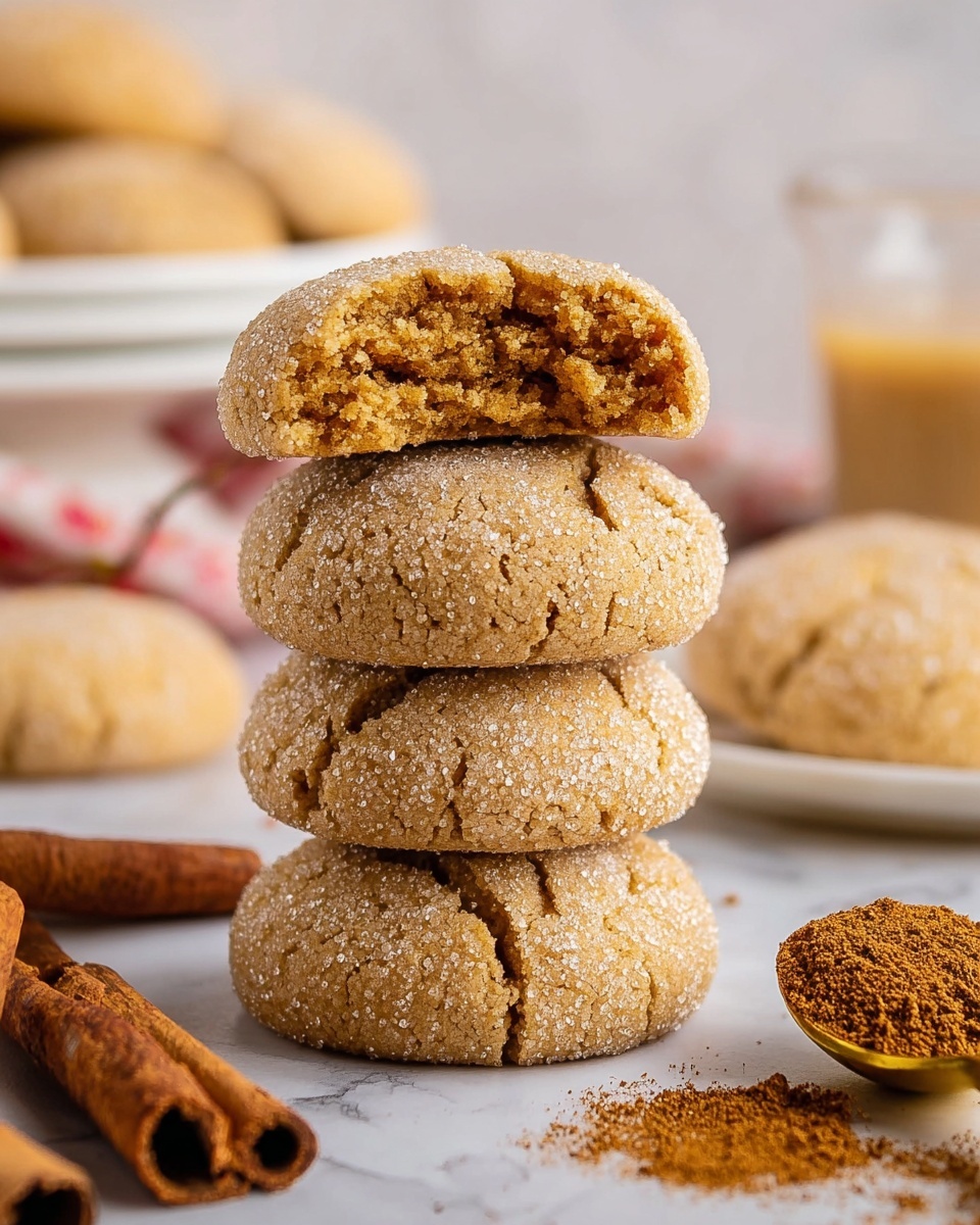 There is a stack of four soft, round cookies with a cracked surface and a sugar coating, sitting on a white marbled surface. The top cookie is broken in half, showing a moist, crumbly inside with a warm brown color. Around the stack, there are cinnamon sticks and a small golden spoon filled with brown powder, adding a cozy feel. In the blurred background, more cookies are visible on a white plate, and a glass with a light-colored drink is partly seen. photo taken with an iphone --ar 4:5 --v 7