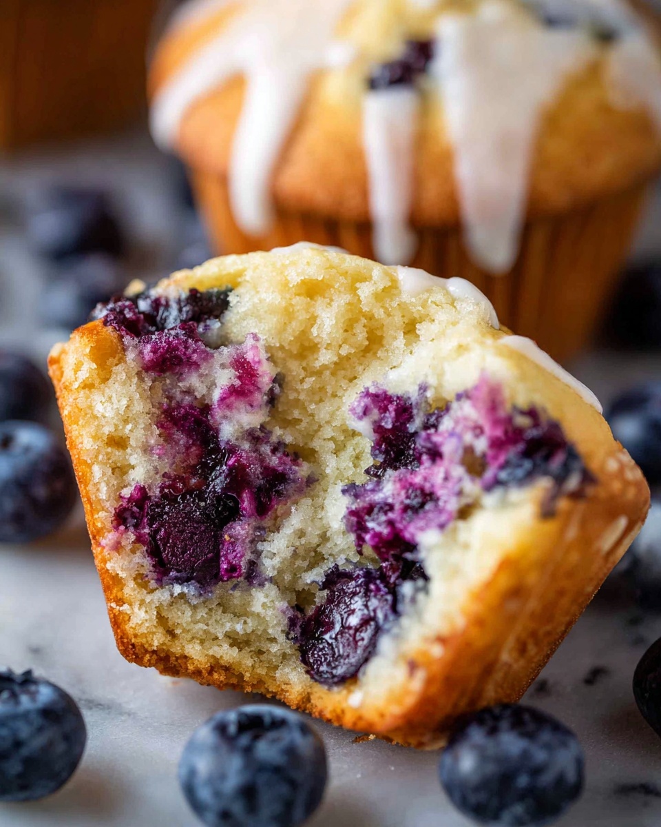 A close-up of a blueberry muffin split open showing two main layers: the top golden brown cake layer with a soft and fluffy texture, and the bottom layer filled with juicy dark purple blueberries surrounded by light purple juice stains. The muffin sits in a white baking paper cup, and loose fresh blueberries are scattered nearby on a white marbled surface. In the background, part of another muffin with white icing drips is slightly out of focus. photo taken with an iphone --ar 4:5 --v 7