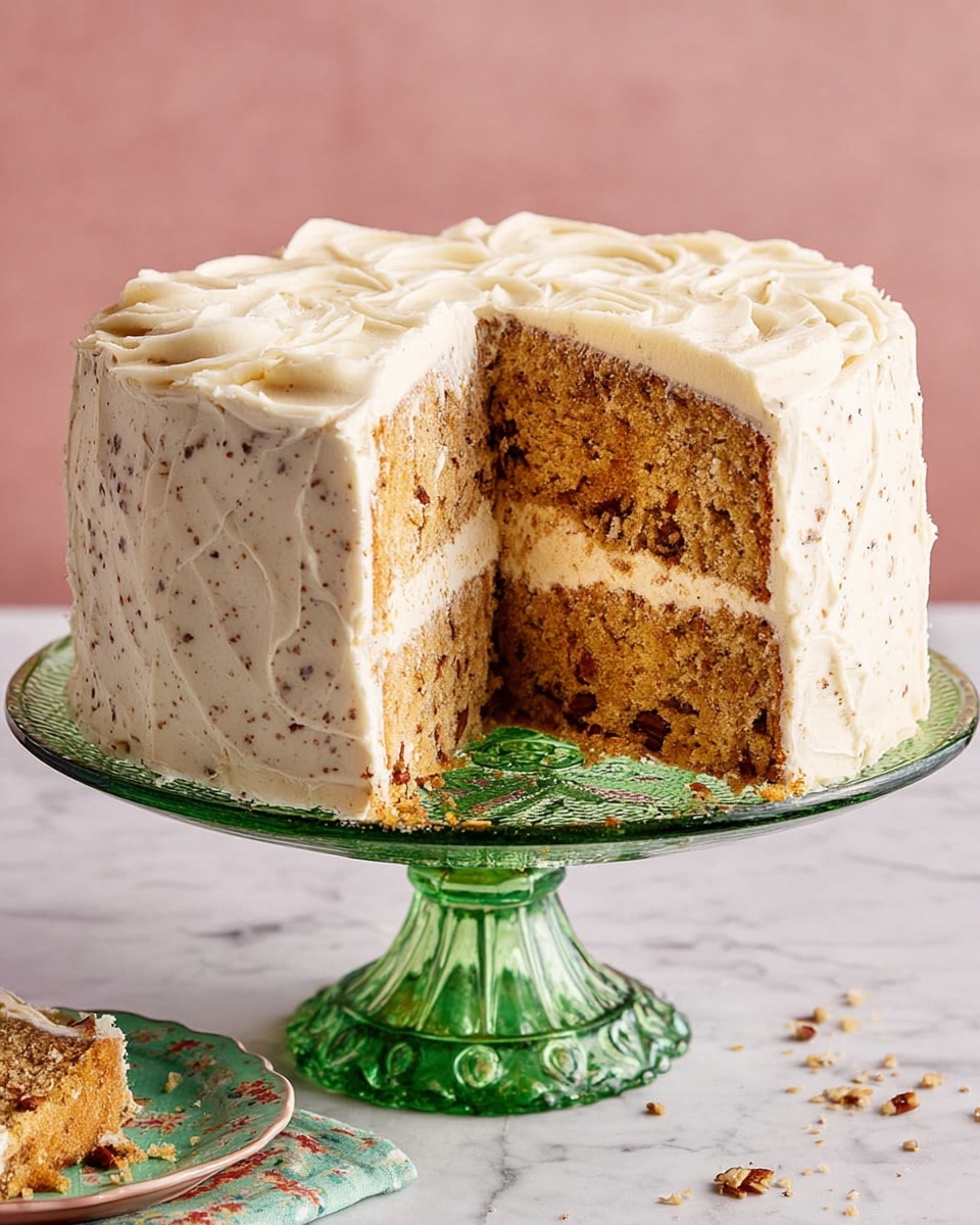A tall, round cake with two layers of light brown sponge that has small dark specks inside, showing a soft texture; it is covered fully with thick, creamy white frosting speckled with small brown bits. The top and sides of the cake are evenly frosted with visible swirls. A large slice is missing from the cake, revealing the inside layers and some crumbs on the base. The cake sits on a green glass cake stand with ornate details, placed on a white marbled surface against a soft pink background. Photo taken with an iphone --ar 4:5 --v 7