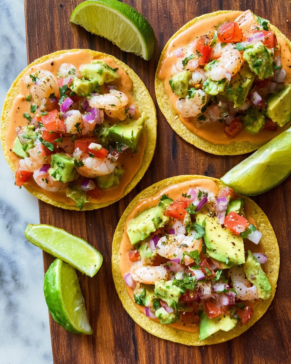 Three small round yellow corn tortillas each topped with a fresh mix of diced shrimp, green avocado chunks, red tomato pieces, purple onion bits, and green herbs lightly sprinkled with black pepper. Each tortilla shows a light spread of orange sauce underneath the toppings. Around the tortillas are three lime wedges with bright green skin and juicy pulp. The tortillas are placed on a wooden surface replaced with a white marbled texture. photo taken with an iphone --ar 4:5 --v 7