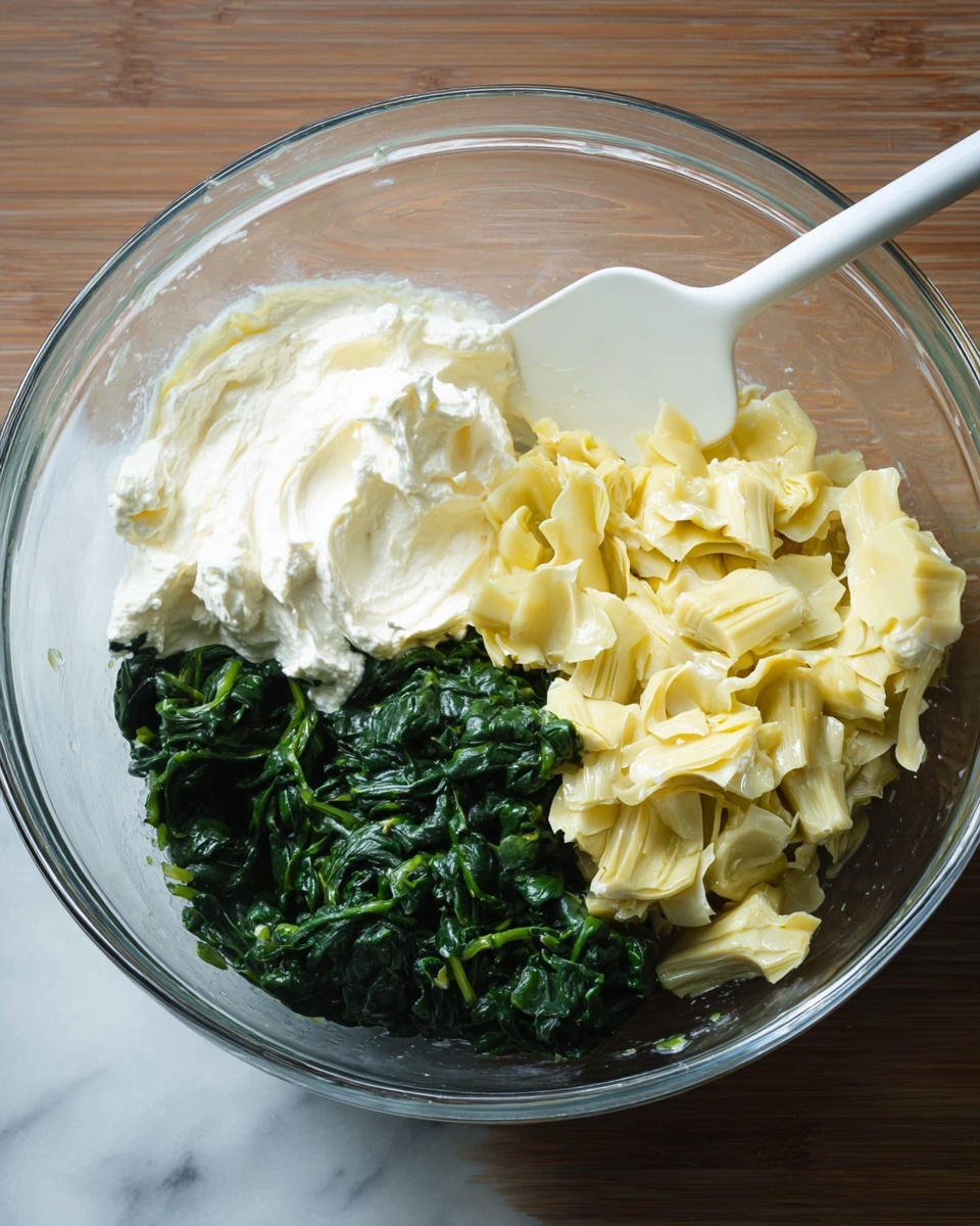A clear glass bowl contains three separate layers of ingredients. On the left, there is a thick layer of white creamy cheese with a smooth texture. On the right, there is a pale yellow layer of chopped artichoke hearts with a soft, slightly rough texture. At the bottom left, there is a dark green layer of cooked spinach with a moist and slightly clumpy texture. A white spatula is resting inside the bowl near the cheese layer, and the bowl is placed on a white marbled surface. photo taken with an iphone --ar 4:5 --v 7