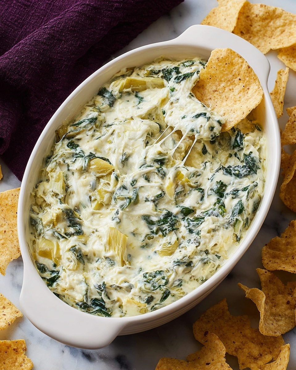 The image shows a white oval ceramic dish filled with a creamy spinach and artichoke dip, which has a thick, chunky texture with visible green spinach leaves and pale yellow artichoke pieces mixed into the white creamy base. Two light beige tortilla chips are inserted into the dip, one on the left side and one near the bottom right, pulling stringy melted cheese from the dip. The dish sits on a white marbled surface with extra tortilla chips scattered around it, and there is a dark purple cloth in the upper left corner. Photo taken with an iphone --ar 4:5 --v 7