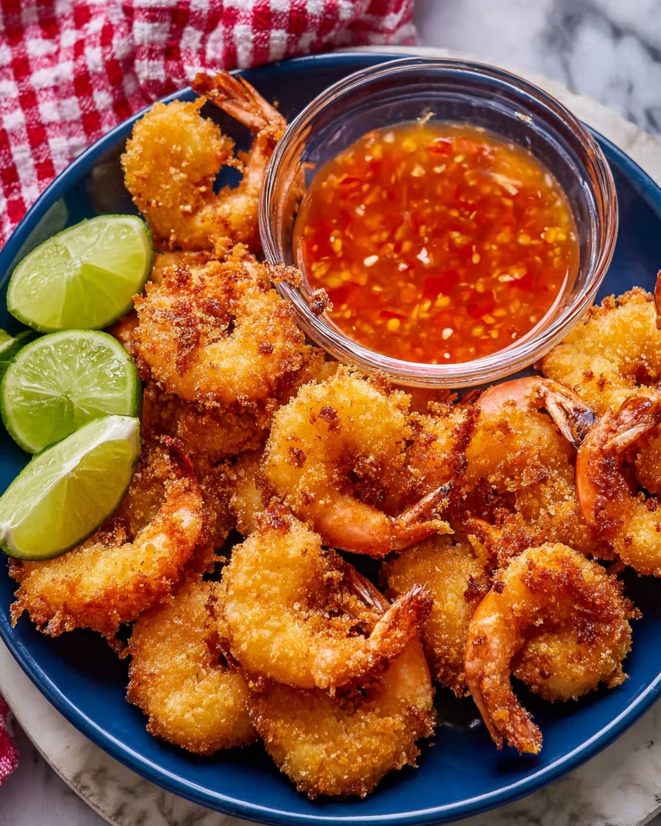 A deep blue round plate is filled with two layers of golden brown fried shrimp, each shrimp showing a crispy, rough texture with slight darker spots from frying. The shrimp are arranged in a circular pattern, tails pointing outward. On the right side of the plate sits a small clear glass bowl of shiny red-orange dipping sauce with visible bits of chili. At the bottom left edge of the plate, three lime wedges showing light green juicy flesh and a textured peel add a fresh contrast. The plate is placed on a white marbled surface with a red and white checkered cloth partially visible in the background. Photo taken with an iphone --ar 4:5 --v 7