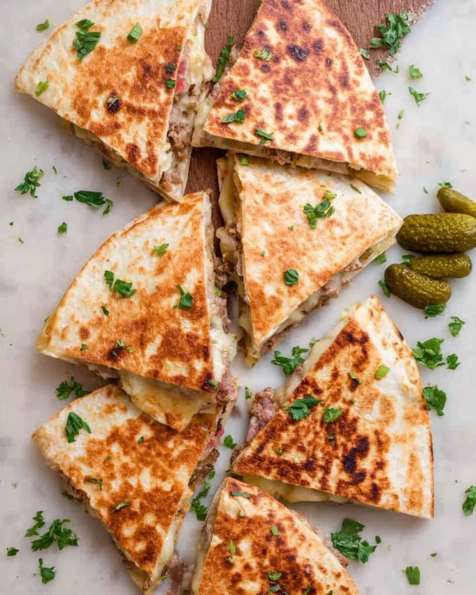 The image shows seven triangular quesadilla slices arranged on a white marbled surface. Each slice has a golden-brown, toasted outer layer with slightly charred spots and a soft, lightly textured inside filled with melted cheese and bits of cooked meat. Some slices are garnished with small pieces of chopped green herbs. In the top right corner, three small green pickles are placed next to the quesadillas, adding a fresh contrast to the dish. A few scattered green herb leaves decorate the surrounding area. Photo taken with an iphone --ar 4:5 --v 7
