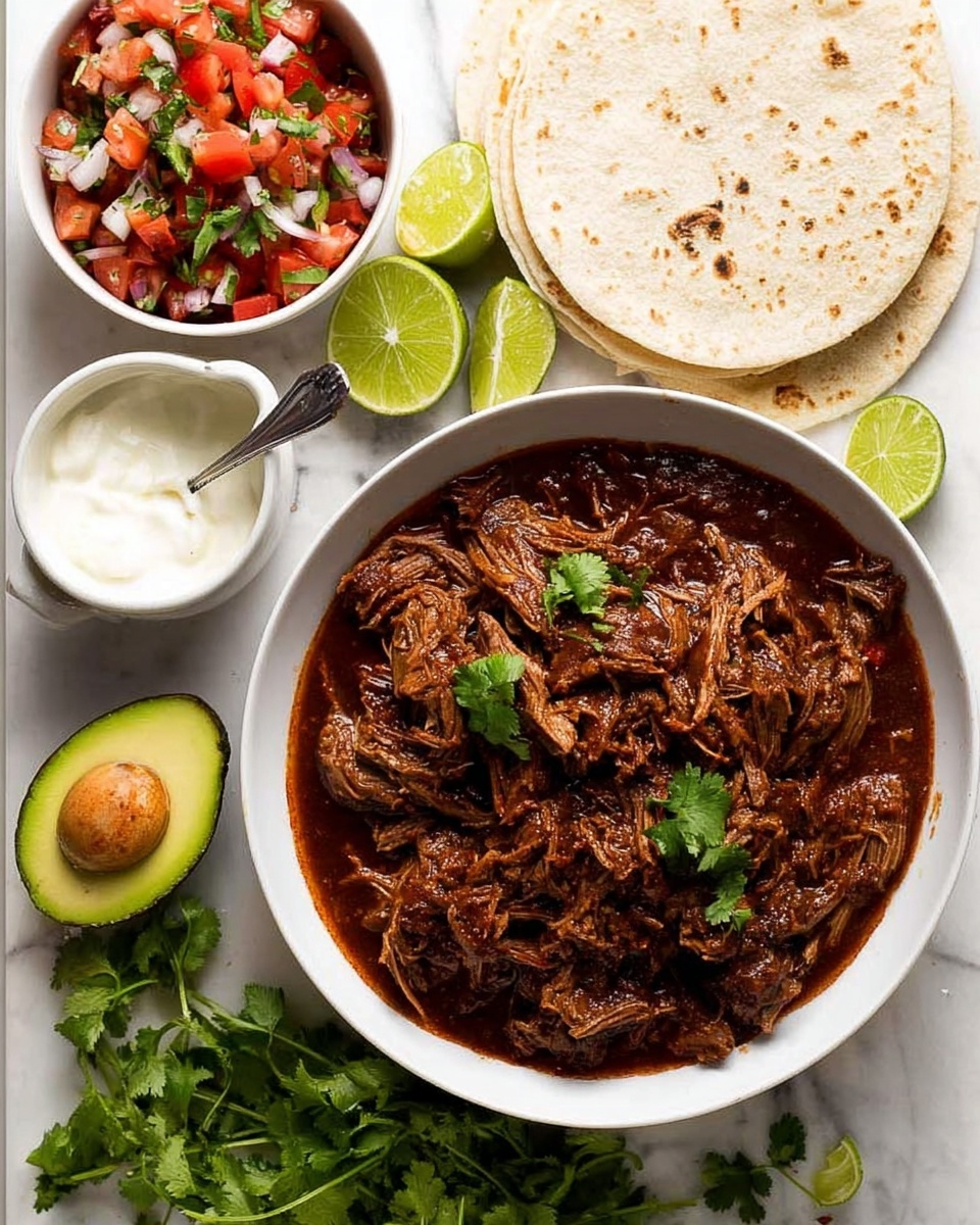 A white bowl filled with shredded meat in a rich, dark red sauce, garnished with green cilantro leaves on top. To the upper right, a stack of white tortillas with a wedge of lime resting on them. Above the meat bowl, a white bowl holds a colorful mix of diced red tomatoes, white onions, and green herbs with lime wedges on the side. To the upper left, a small white cup contains a creamy white sauce with a spoon resting inside. At the lower left corner, two halves of a ripe avocado with green flesh and brown seeds are placed next to some cilantro leaves. The entire arrangement sits on a white marbled surface. Photo taken with an iphone --ar 4:5 --v 7