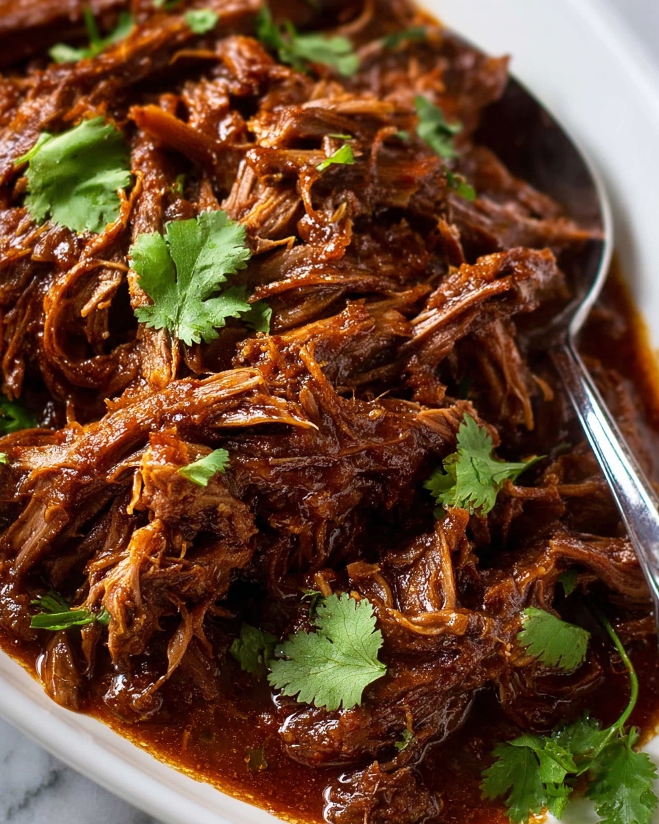 The image shows a close-up of shredded meat covered in a rich, dark brown sauce, giving it a glossy and tender look. The meat is layered in a white dish, with strands pulled apart and mixed together, showing various textures from soft to slightly fibrous. Bright green cilantro leaves are scattered on top, adding a fresh burst of color against the dark meat. A silver serving spoon is partially visible on the right side, resting on the meat. The background is a white marbled surface, creating a clean and simple setting. Photo taken with an iphone --ar 4:5 --v 7