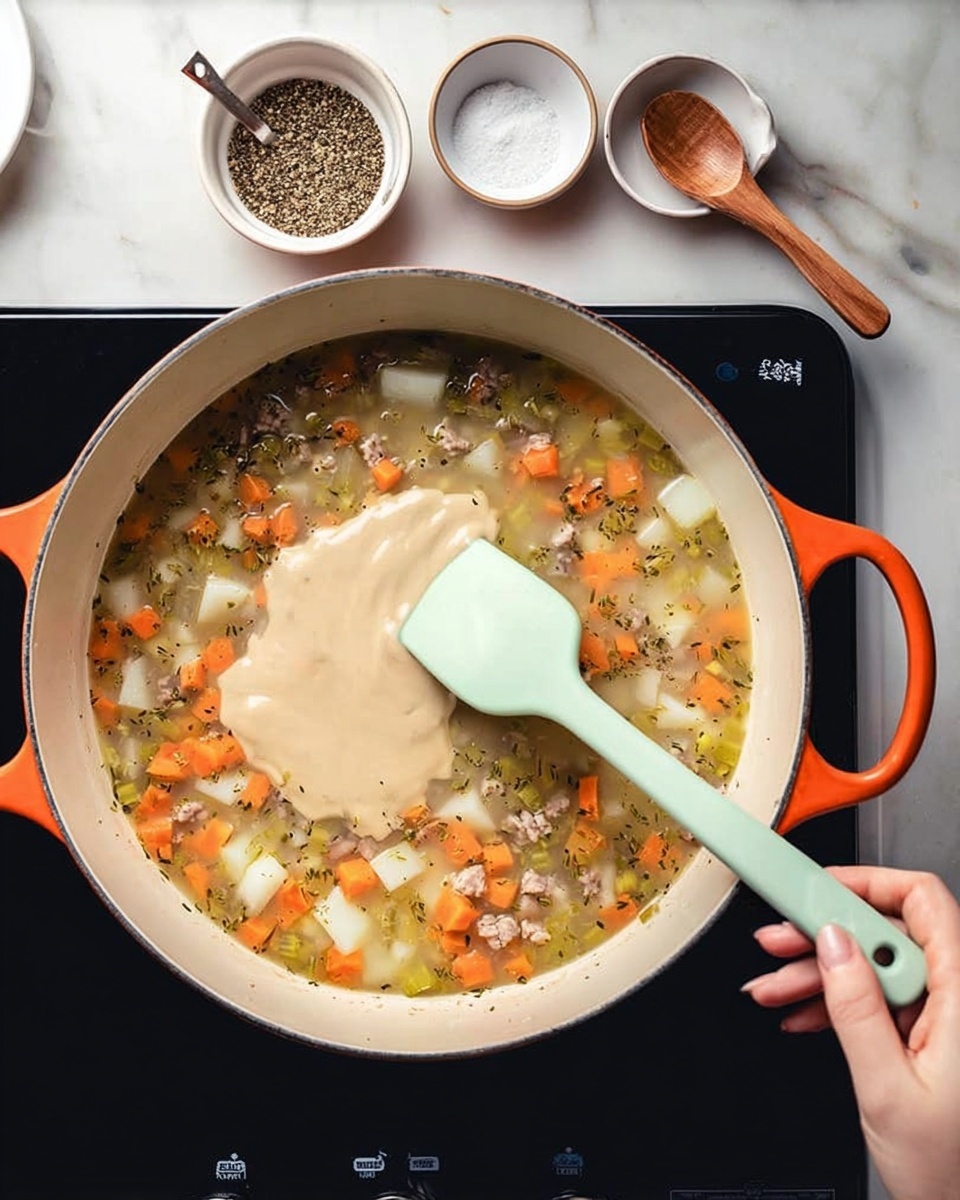 A white round pot with orange handles sits on a black stove, filled with a soup that has several layers. The base layer is a clear broth with visible herbs and small pieces of orange carrot, green celery, white potato cubes, and bits of light brown cooked meat scattered throughout. On one side of the pot, a creamy beige sauce is being spread gently with a light green silicone spatula held by a woman's hand. Next to the stove, on a white marbled surface, are two small white bowls, one filled with black ground pepper and the other with coarse salt and a small wooden spoon. The scene has soft natural lighting. photo taken with an iphone --ar 4:5 --v 7