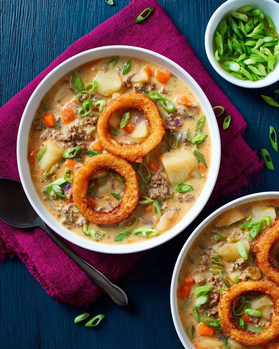 Two white bowls filled with creamy stew consisting of light beige sauce, chunks of potatoes, small pieces of ground meat, orange carrot slivers, and green onion slices scattered on top. Each bowl is topped with three golden-brown fried onion rings placed visibly on the surface. One bowl has a dark spoon resting inside with a few green onion pieces around. Both bowls are set on a dark blue wooden background with a deep magenta cloth under one bowl and a small white dish filled with chopped green onions placed nearby. Photo taken with an iphone --ar 4:5 --v 7